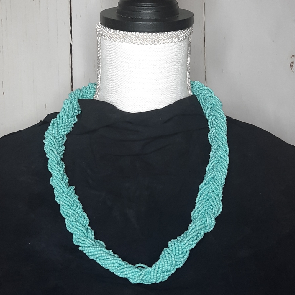 Multi Strand Bead Braided Faux Turquoise Necklace